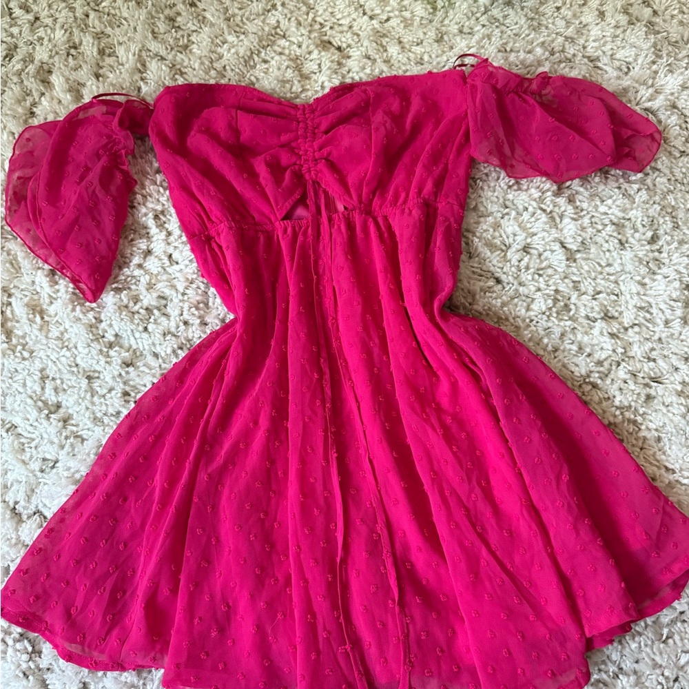 FAVLUX Vibrant Pink Midi Dress with Elegant Sleeves